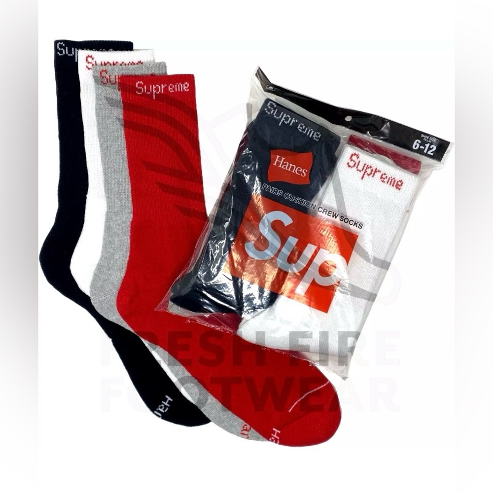 Supreme x Hanes 4 pack Red White Grey & Black Crew Socks